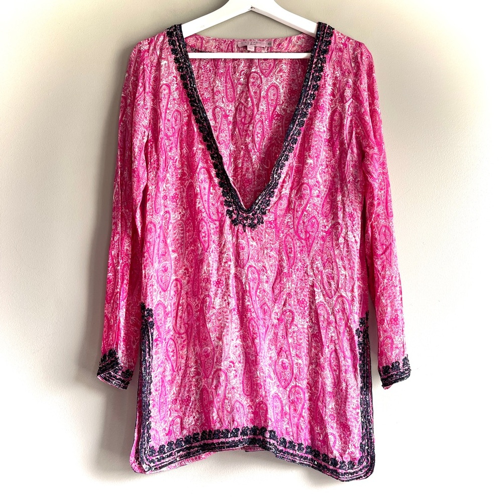 Calypso St. Barth tunic top womens XS pink paisley embellished cover up vneck
